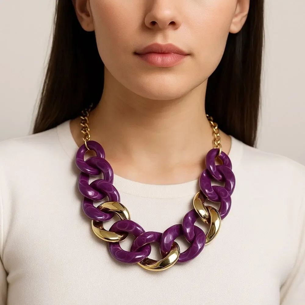 Vintage Purple Chunky Link Statement Necklace Gold Tone 80s–90s Retro Bold